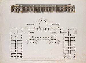 ज़ारको सेलो में अलेक्जेंडर पैलेस की उत्तर ऊँचाई और ग्राउंड प्लान, c.1780s (कलम और काले और भूरे रंग की स्याही, ग्रे वॉश और कागज पर wc)